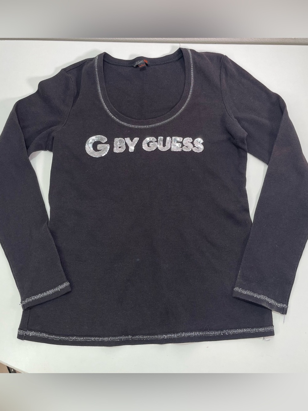 Y2K G by Guess Black Henley Top Long Sleeve Sequence Logo Women's Lg